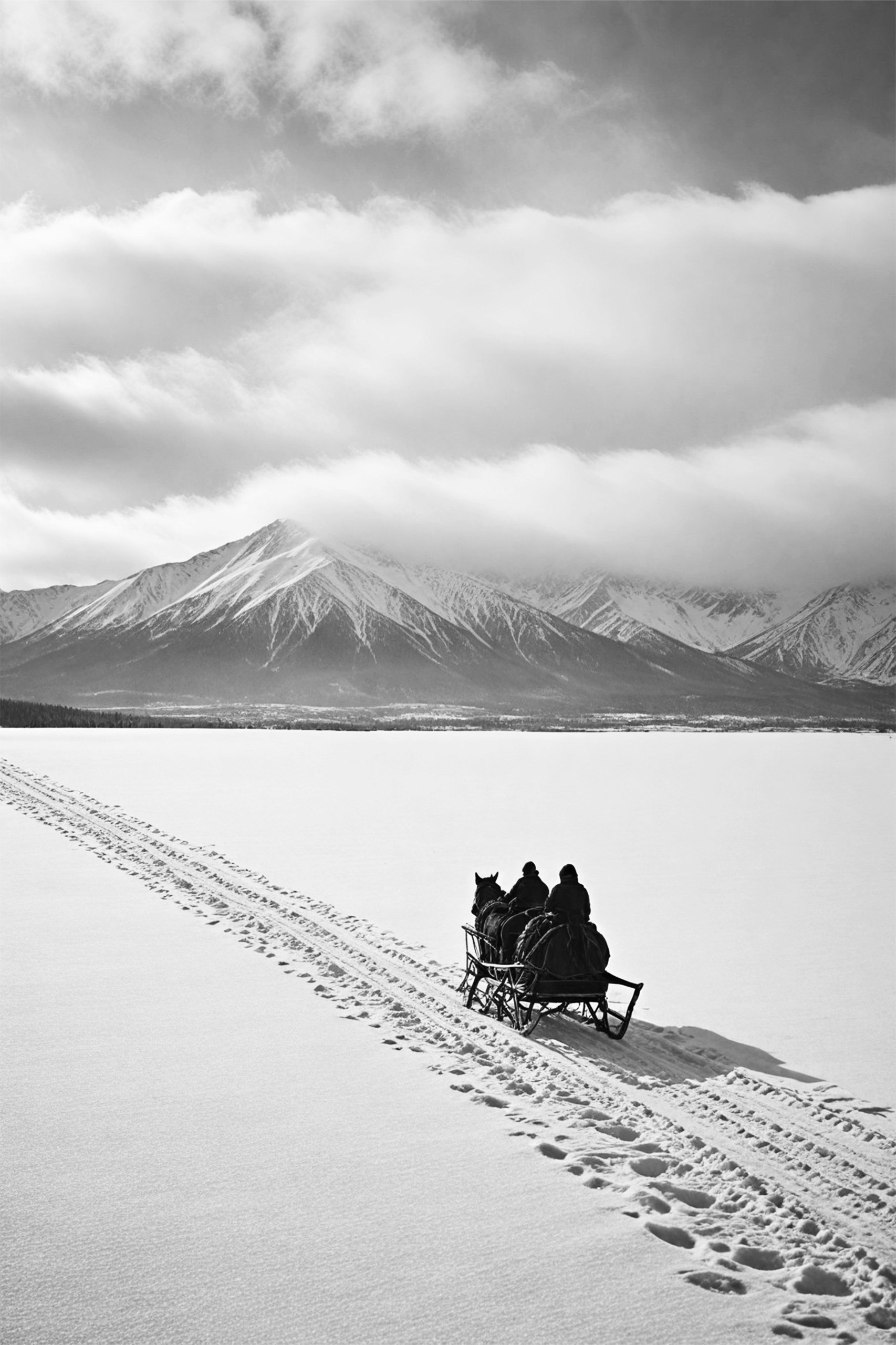 Bonaque — Journey Through the Winter Silence, fotografía en blanco y negro de un trineo tirado por un caballo en la nieve, una lámina firmada de 65 € ideal como regalo de empresa para Navidad