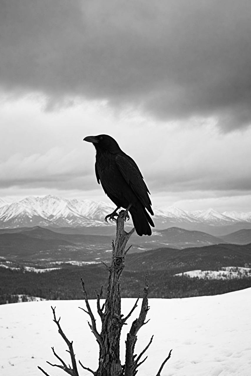 Bonaque — The Watchful Raven, una lámina artística fotográfica en blanco y negro ofrecida en subasta
