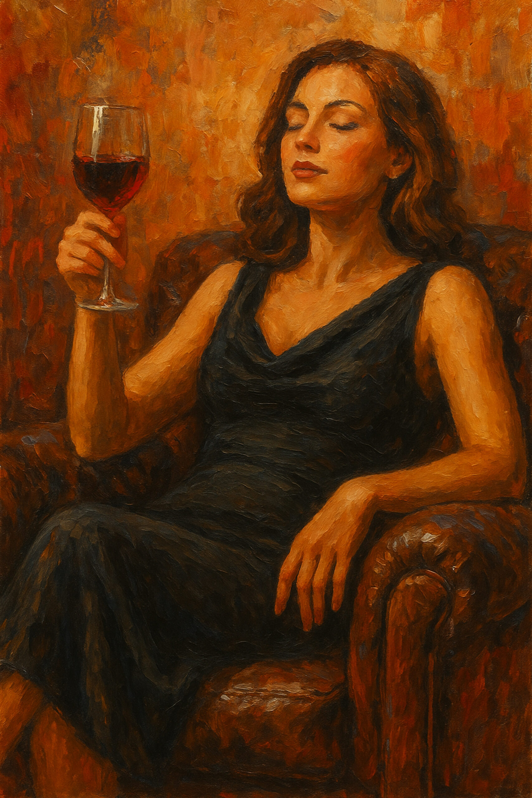 Elena Aureli — A Toast to Solitude, una mujer en un sillón de cuero con una copa de vino tinto, pintada en tonos cálidos, una lámina acogedora para la pared