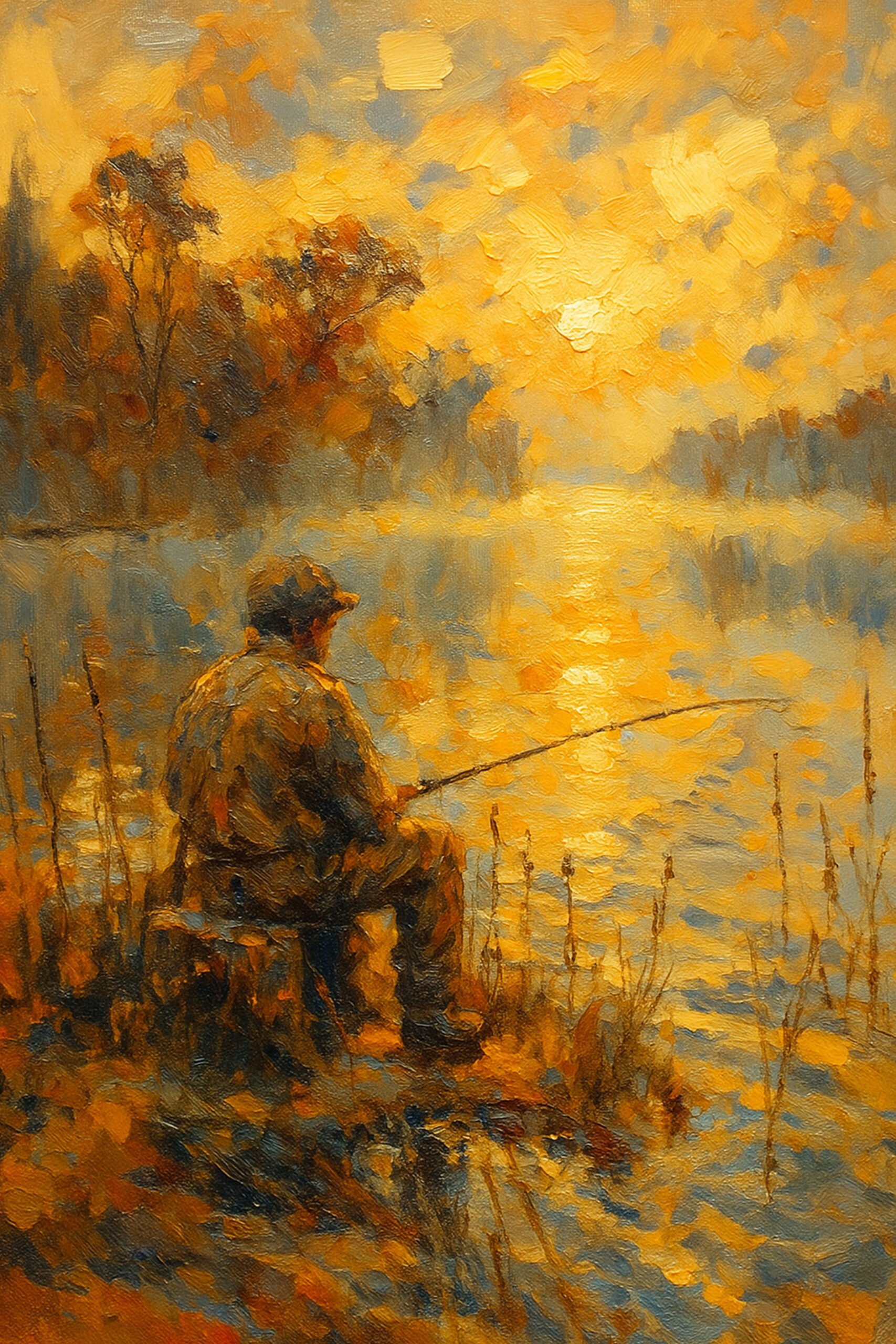 Henri des Bois — Golden Tranquility, un pescador junto a un lago al atardecer en oro y ámbar, una lámina artística firmada que da calidez a un salón en invierno