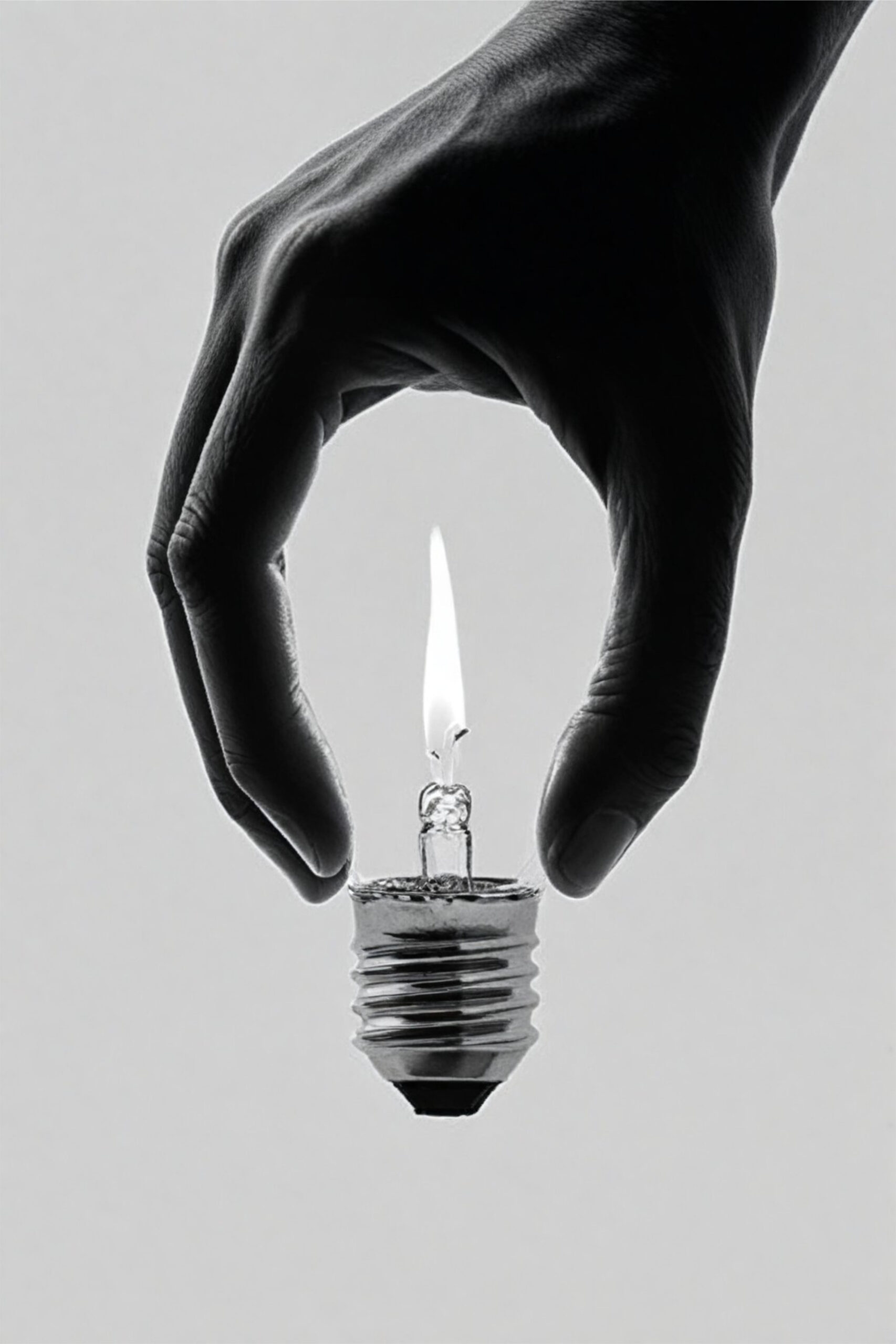 Moroz — Igniting Ideas, fotografía en blanco y negro de una mano que sostiene una bombilla con una llama dentro, una lámina firmada de 95 € como regalo para un cliente