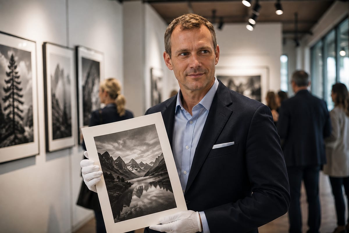 Alexander van der Meer sosteniendo una impresión firmada con guantes de algodón.